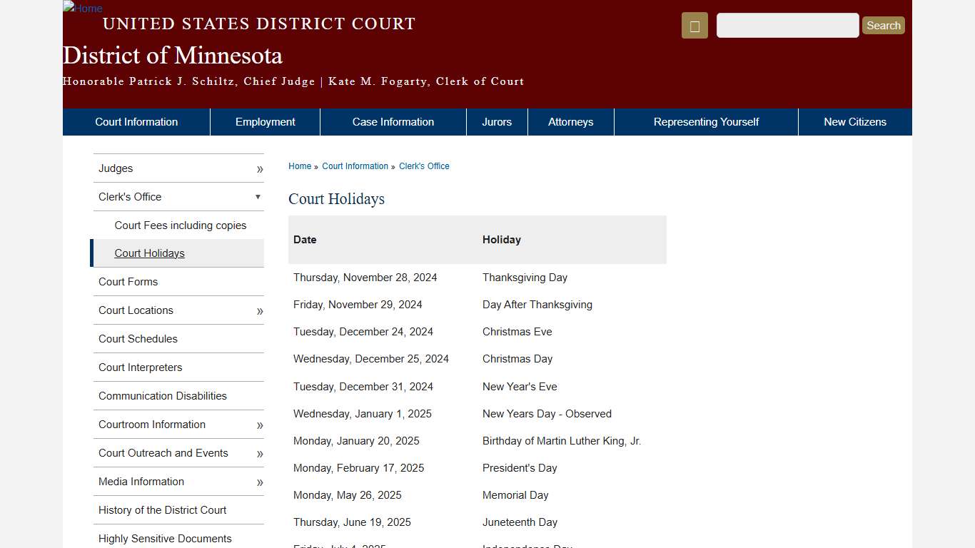 Court Holidays District of Minnesota United States District Court